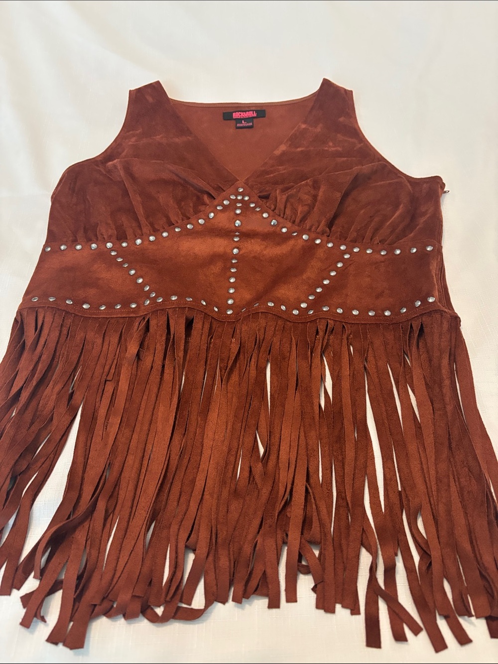 Rock & Roll Cowgirl Rust Brown Studded Fringe Faux Micro Suede Tank SZ L Western - Picture 9 of 13